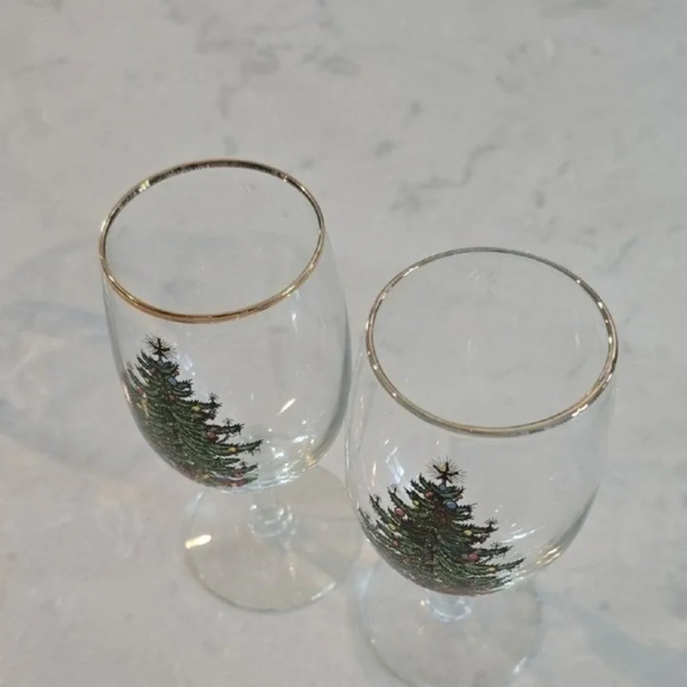 SET OF 8 Spode Christmas Tree Wine Glasses 22k Gold Rim 6.5